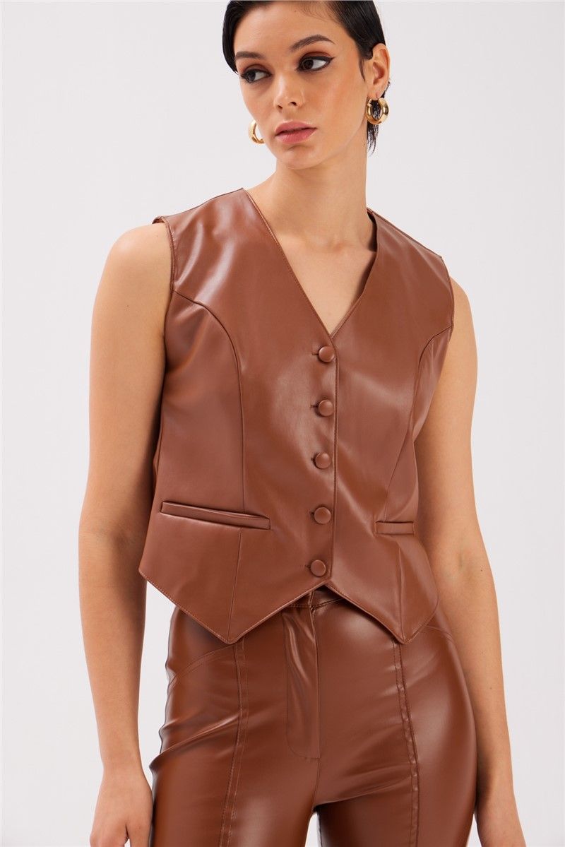 Women's Vest with Buttons and Outer Pockets - Brown #363503