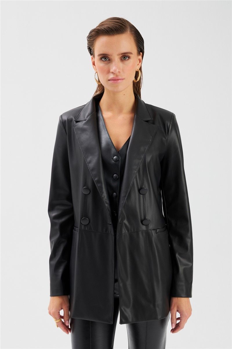 Ženska kožna jakna s duplim kopčanjem - crna #363479