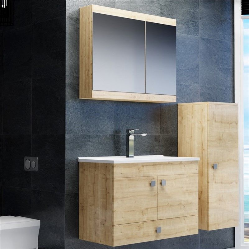 Emart Artemis Cabinet with sink and cabinet with mirror 80 cm - Color Oak #356885