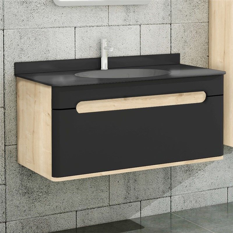 Emart Curve Bathroom Cabinet 100 cm - Oak-Black #356761