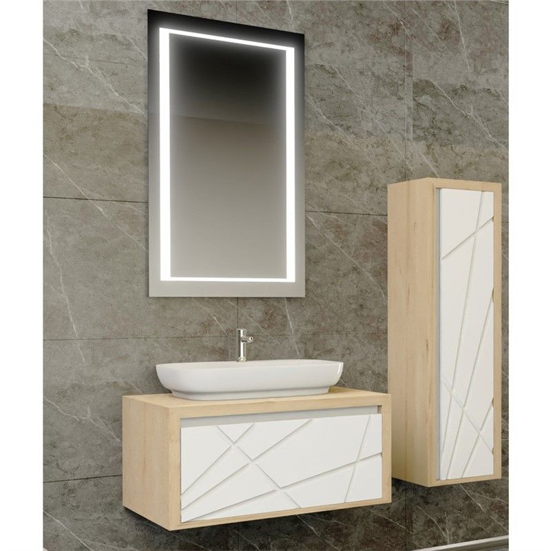 Emart Eva Комплект огледало и шкаф с мивка 80 см - Дъб-Бял #356788