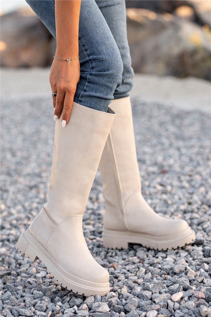 Women's Zip Up Boots - Beige #361412