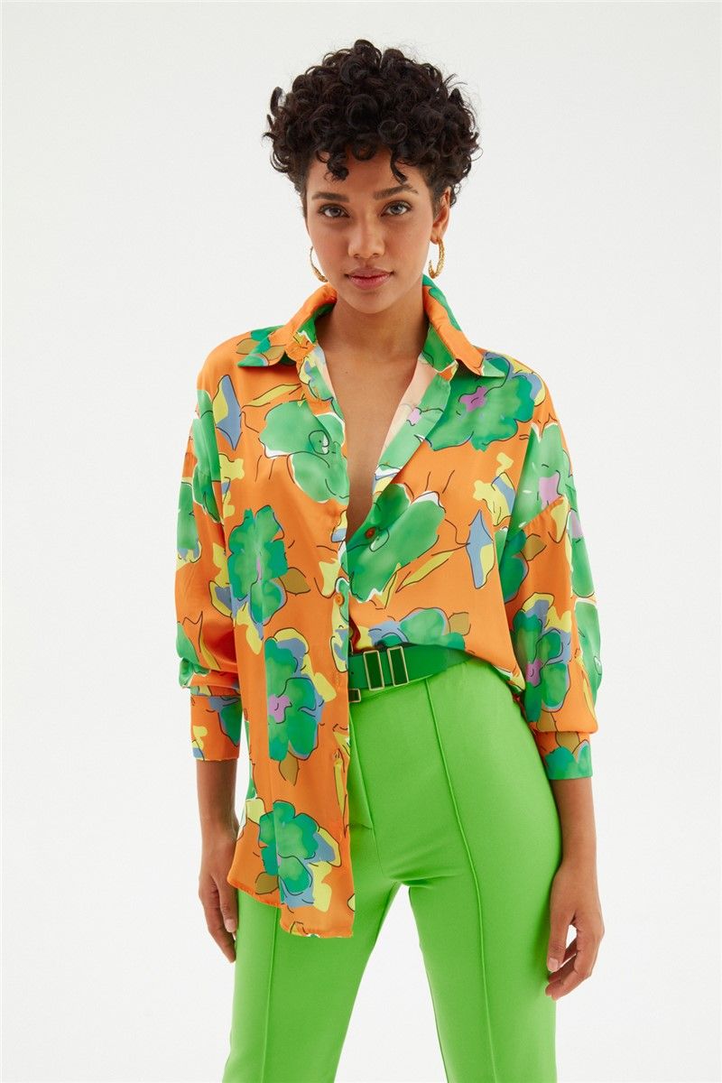 Women's Oversize Shirt with Pattern - Orange #334251
