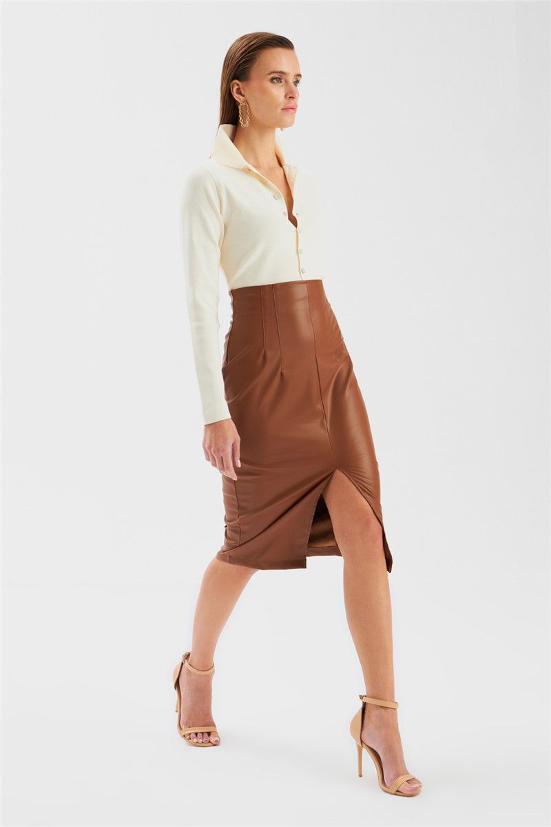 Women's Leather Slit Skirt - Taba #364445