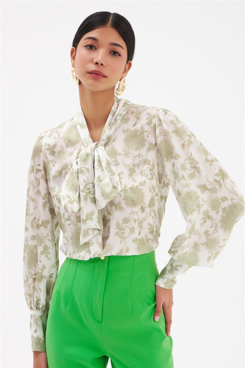 Women's blouse with a scarf on the collar - Green-White #331275