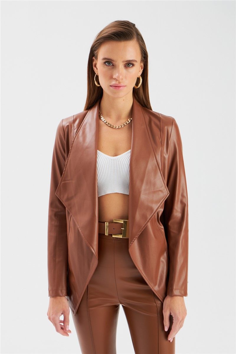 Women's Wide Collar Leather Jacket - Brown #363442