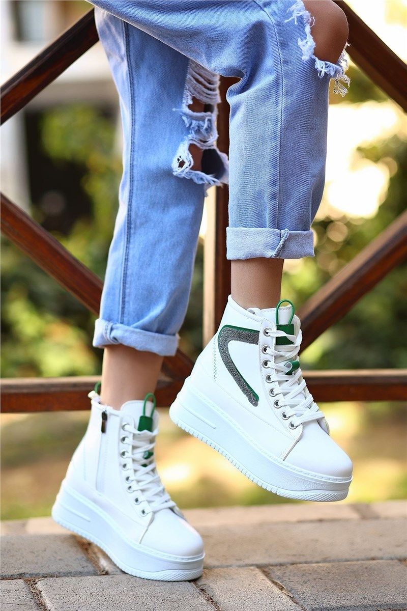Women's Lace Up Zip Up Sports Boots - White with Green #405536