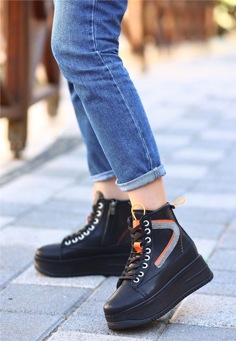 Women's Full Sole Lace Up Boots - Black with Orange #366775