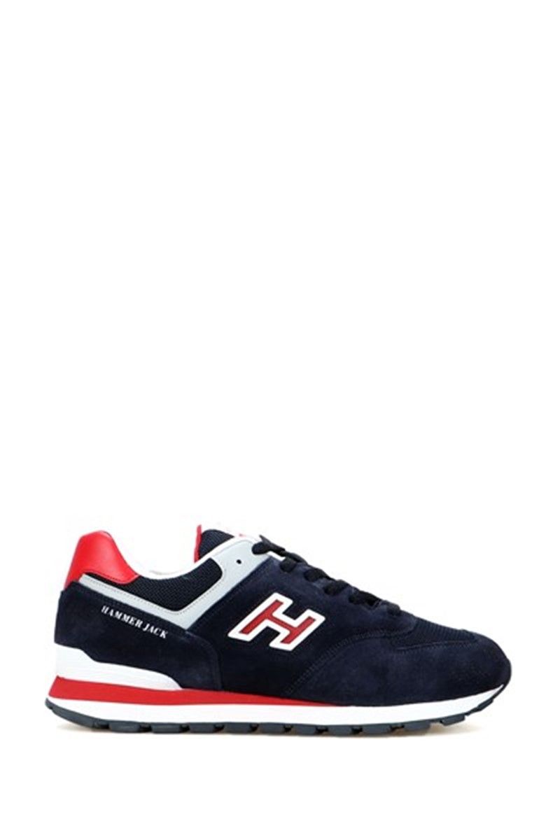 Hammer Jack Men's Genuine Leather Sports Shoes - Navy Blue with Red #368524