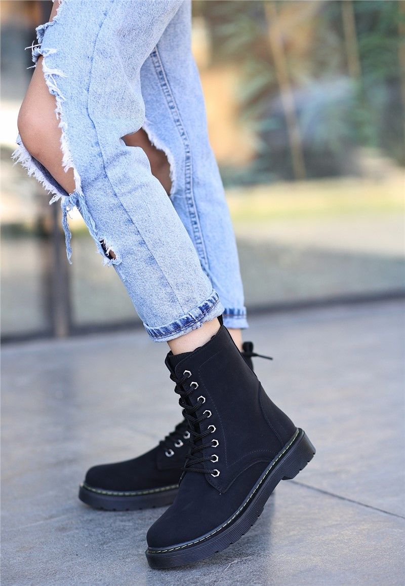 Women's Lace Up Suede Boots - Black #366681