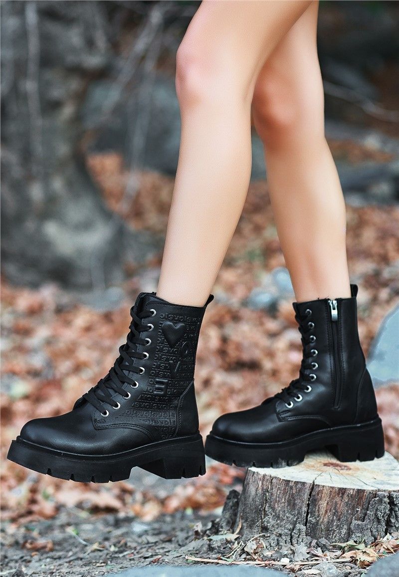 Women's Lace Up Zip Up Boots - Black #366442