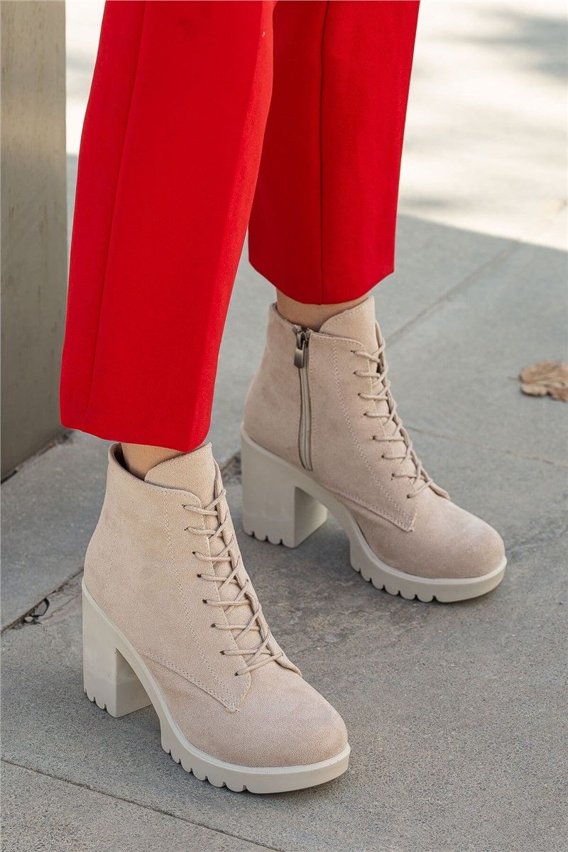 Women's Suede Lace Up High Heel Boots - Beige #363860