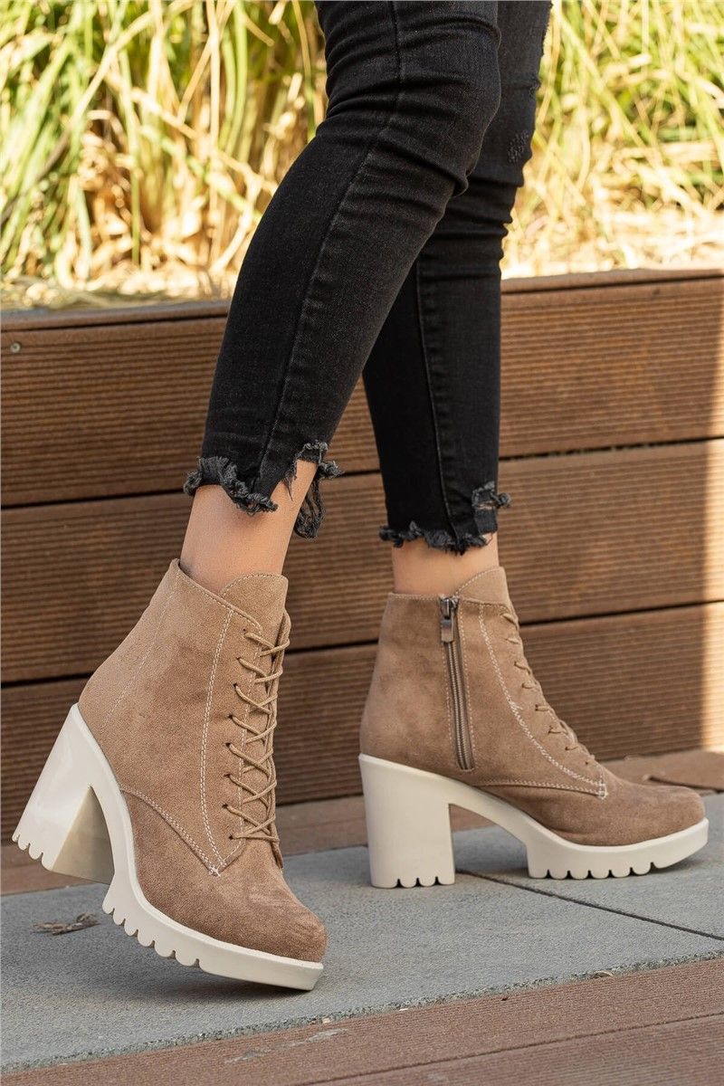 Women's Suede Lace Up High Heel Boots - Beige #363859