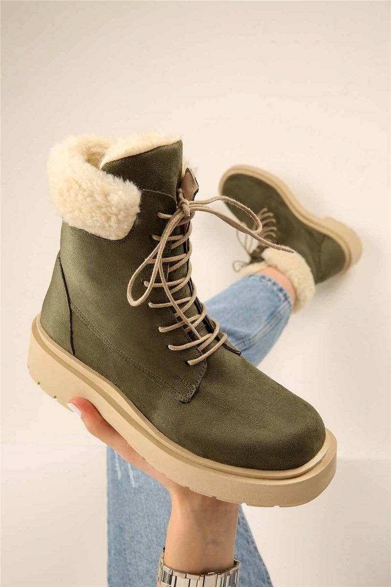 Women's suede boots with astrakhan - Khaki #321887