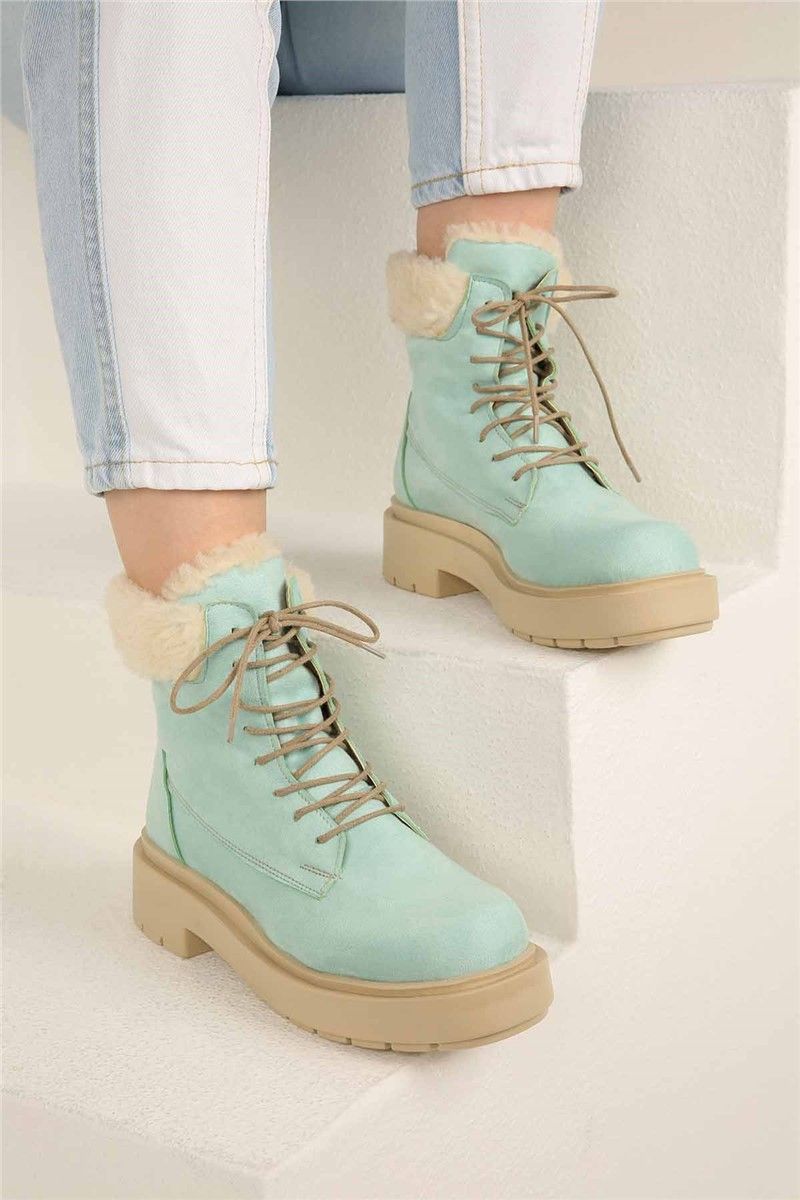 Women's suede boots with astrakhan - Light green #321890