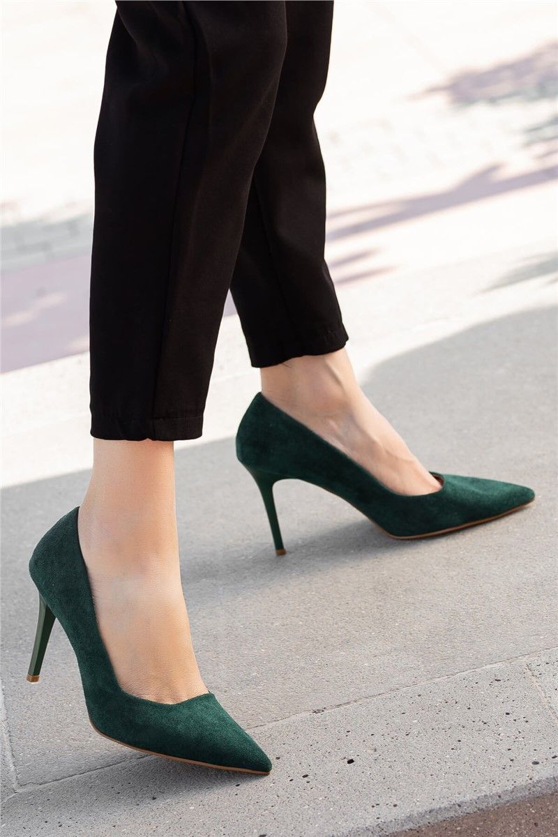 Women's Suede Heeled Shoes - Dark Green #363851