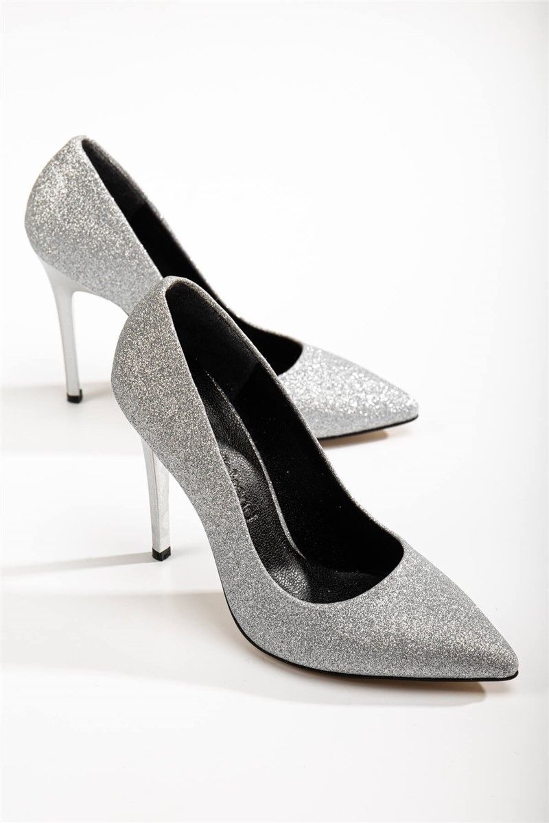 Women's Elegant Brocade High Heel Shoes - Silver #365449