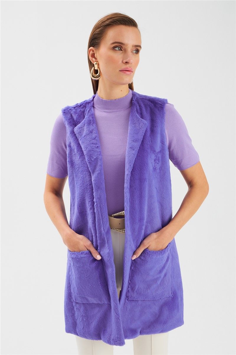 Women's Plush Vest With Outer Pockets - Purple #363473