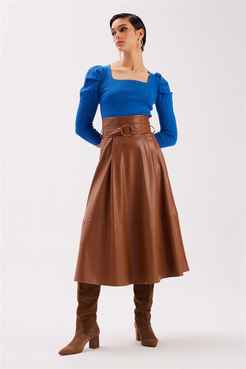 Women's Belted Leather Skirt - Brown #363481
