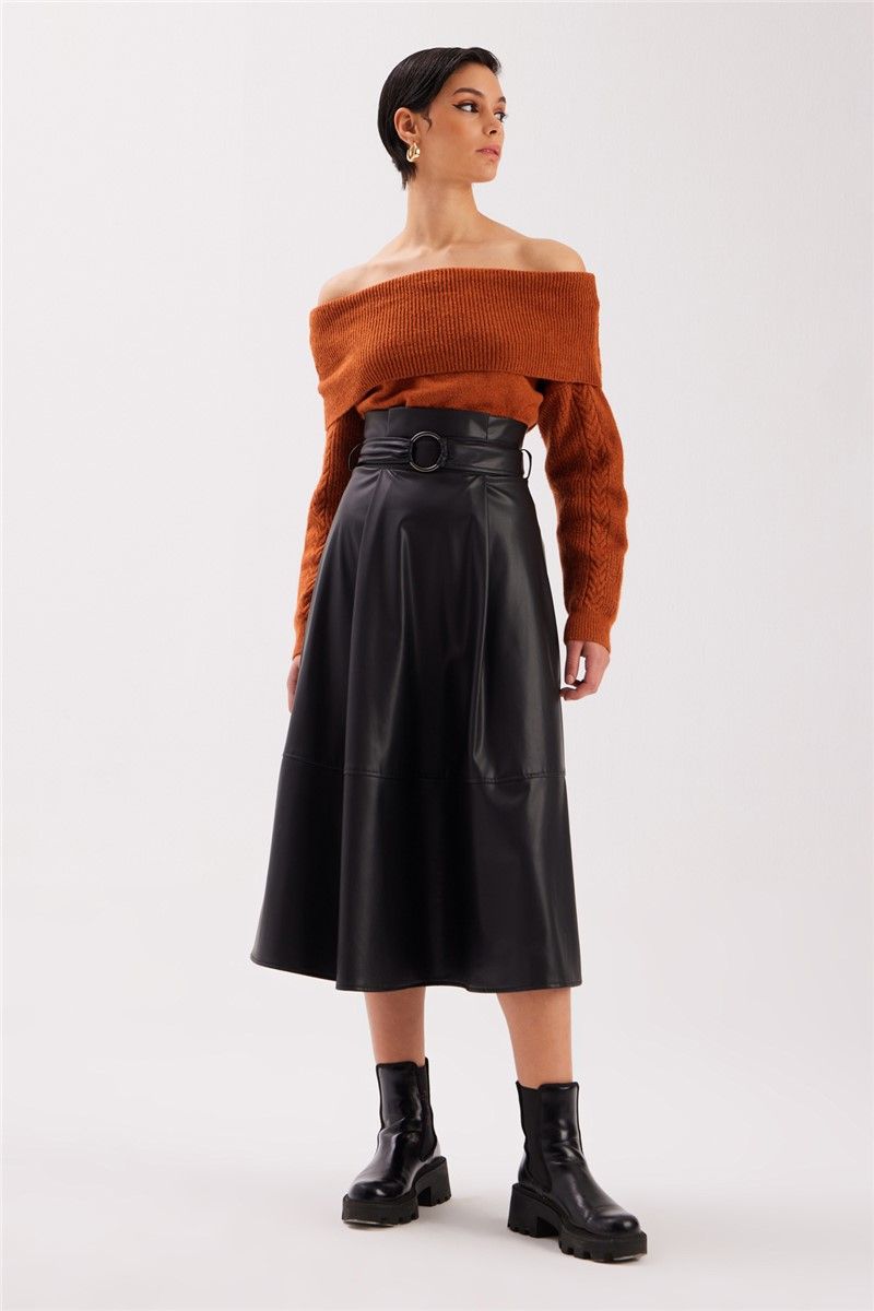 Women's Belted Leather Skirt - Black #363482