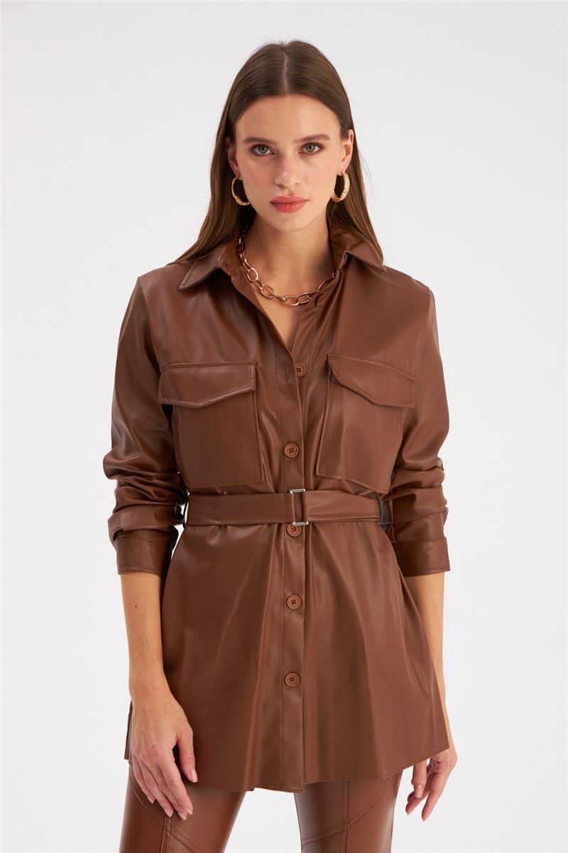 Women's Long Leather Shirt With Belt - Brown #362826