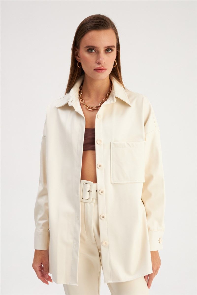 Women's Leather Shirt-Jacket - Ecru #363409