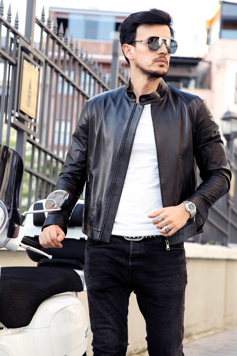 Euromart - Leonardo Men's Real Leather Jacket - Black #266592