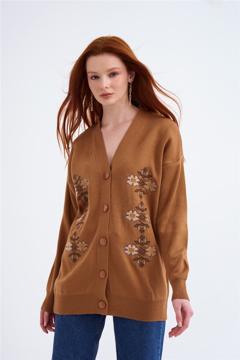 Sateen Women's Embroidered Button Cardigan - Camel #319428