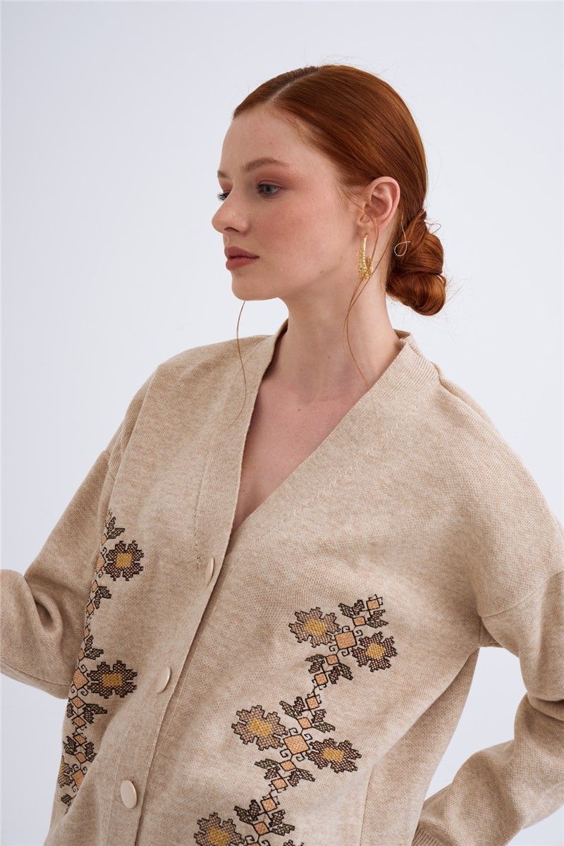 Sateen Women's Embroidered Button Cardigan - Beige #319430