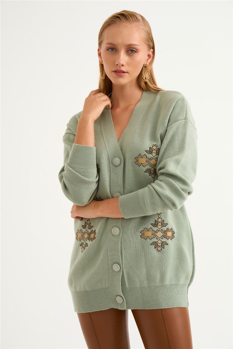 Sateen Women's Embroidered Button Cardigan - Green #319429