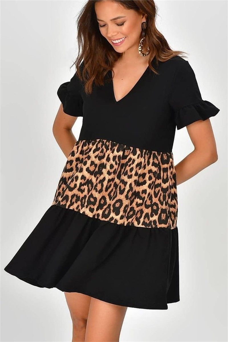 Mad Girls Black Leopard Patterned V-neck Block Dress MG205 #287685