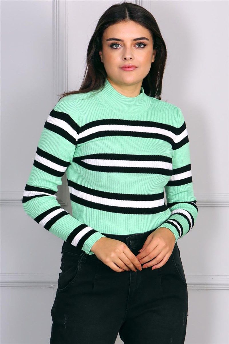 Mad Girls Sea Green Striped Turtleneck Knitwear Jumper MG721 #289558