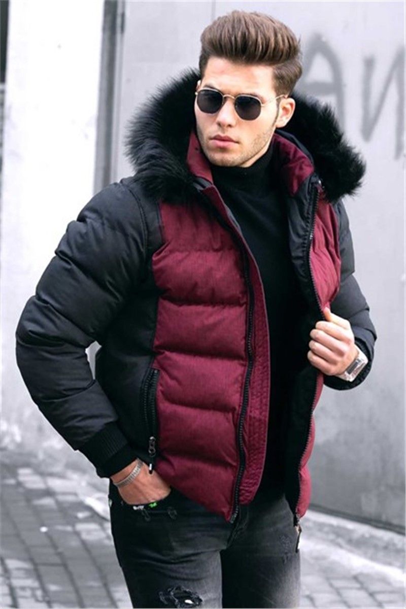Madmext Men's Fur Puffer Coat - Burgundy #301859