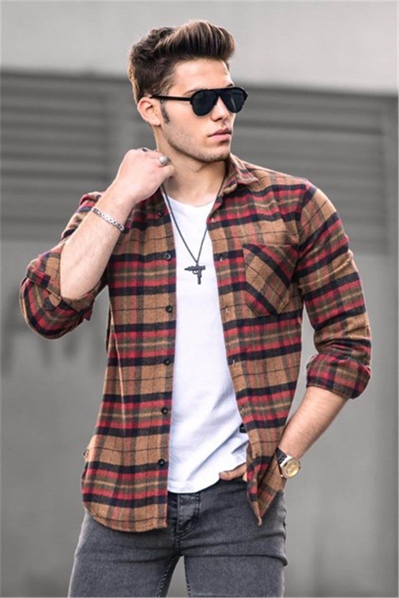 Madmext Camel Checked Shirt 4669 #305606