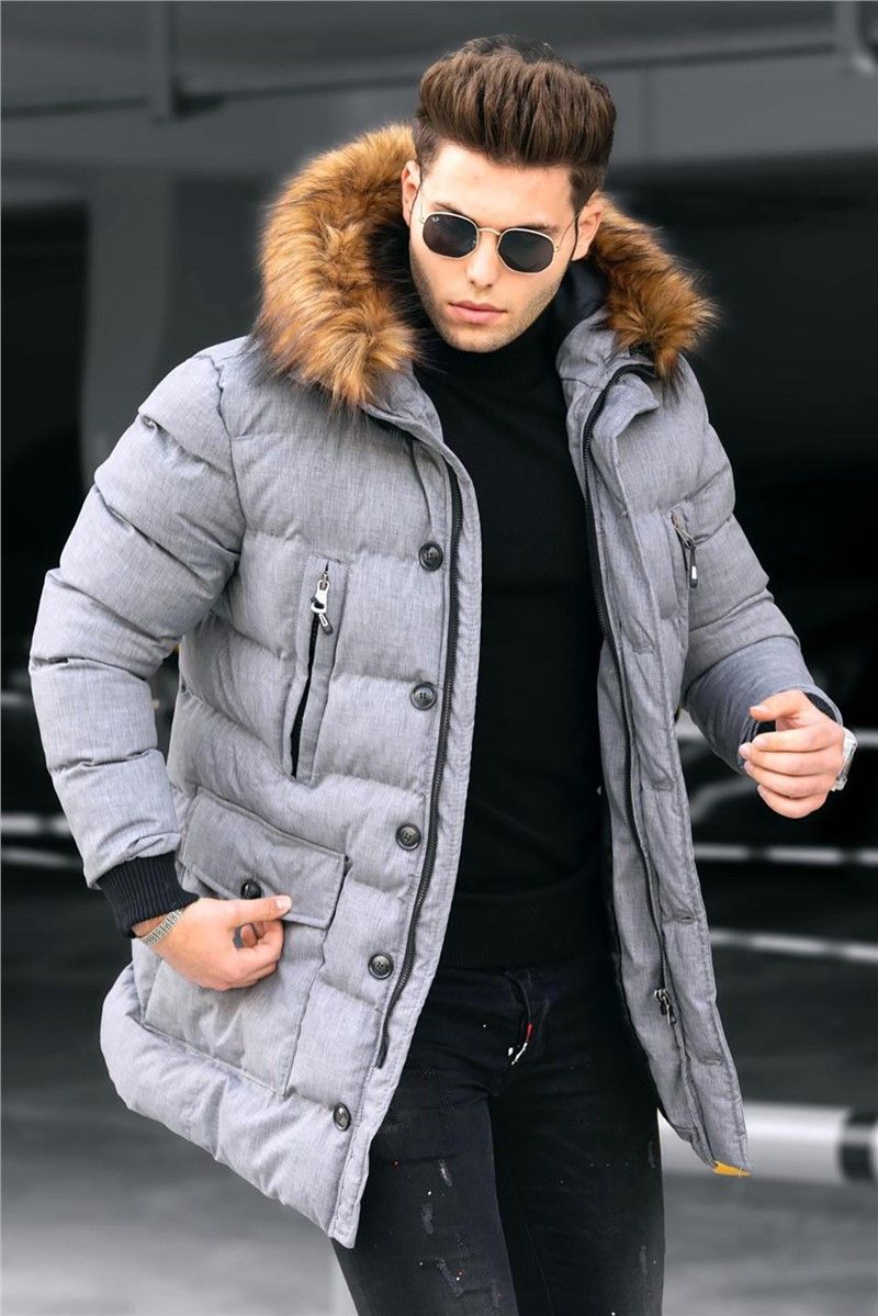 Madmext Men's Fur Puffer Coat - Grey #290221
