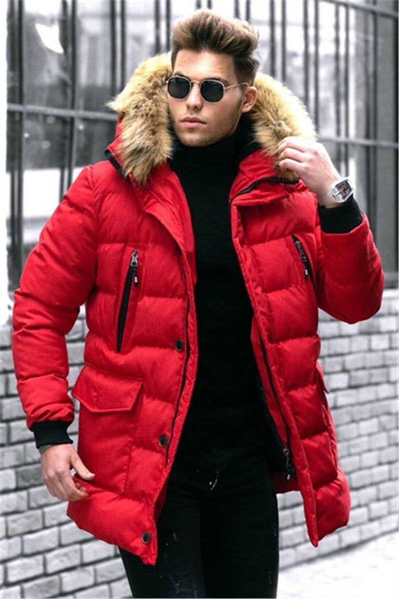 Madmext Men's Fur Puffer Coat - Red #300266