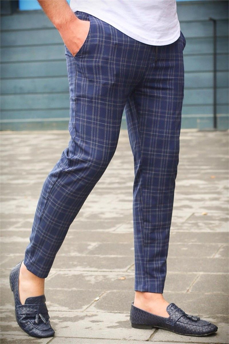  Navy Blue Slim Fit Checked Trousers 4035 # 285833