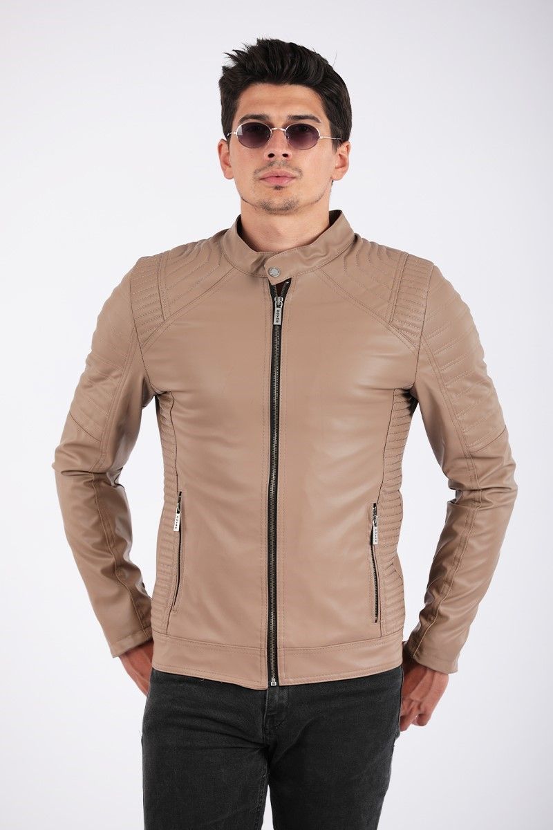 Men's Biker faux leather jacket - Beige 2021083123