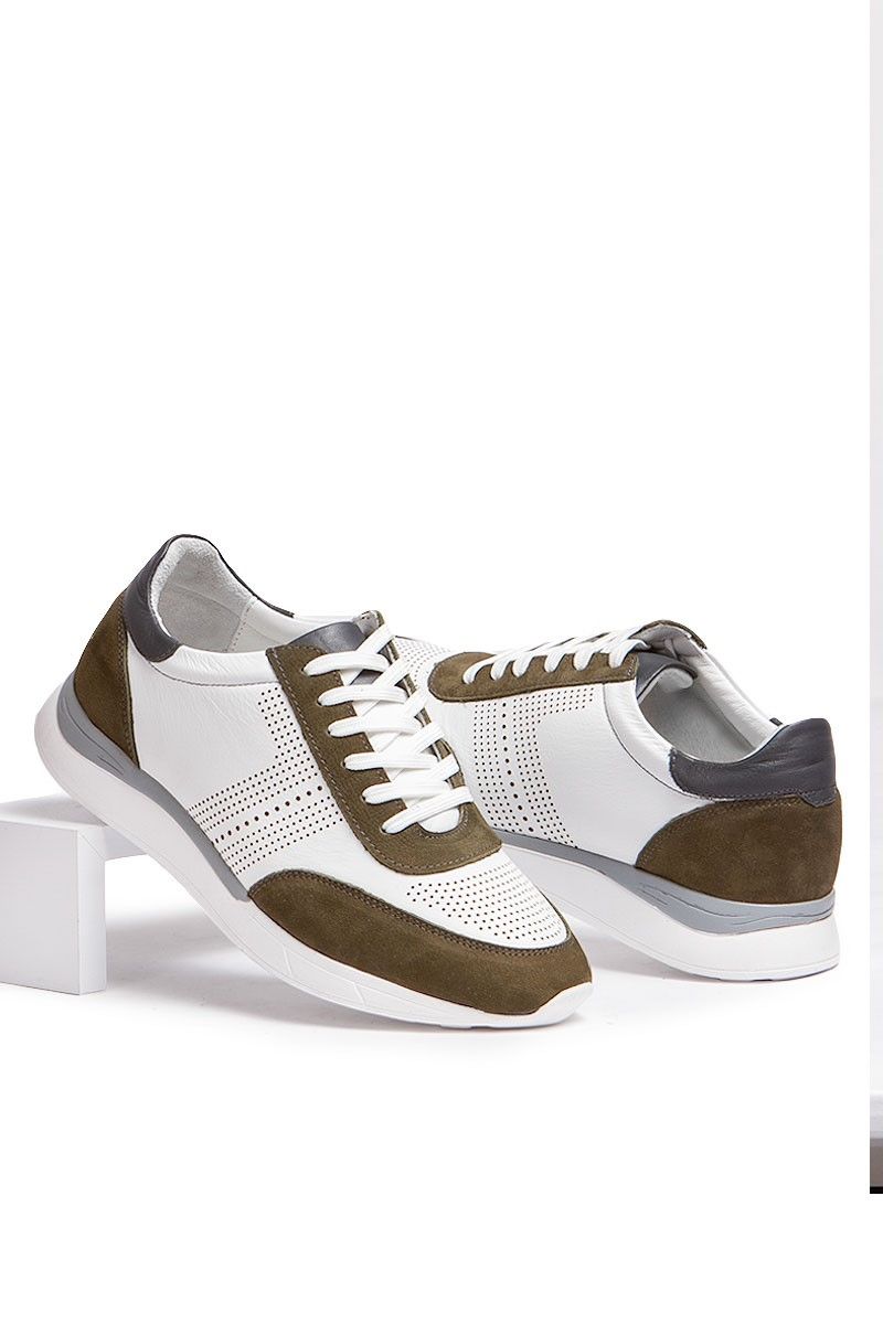 Men's Real Leather Trainers - Brown, White #2021655