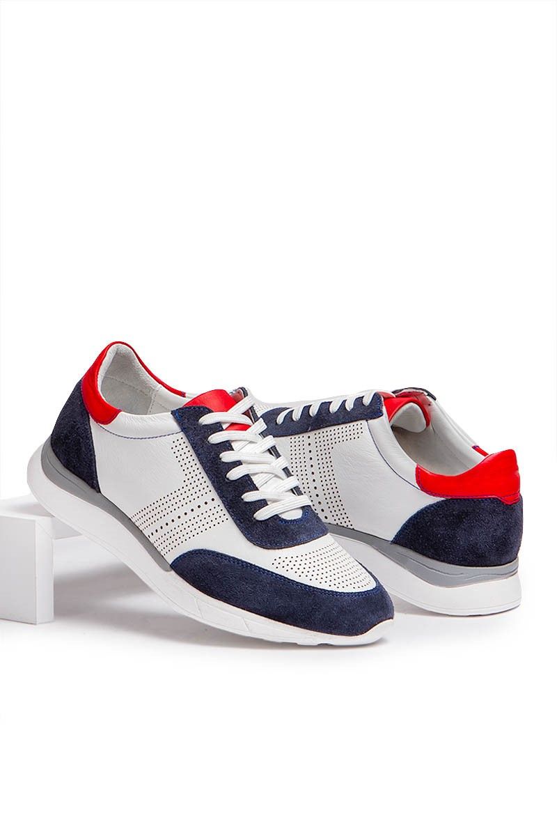 Men's Real Leather Trainers - Dark Blue, Red, White #2021657