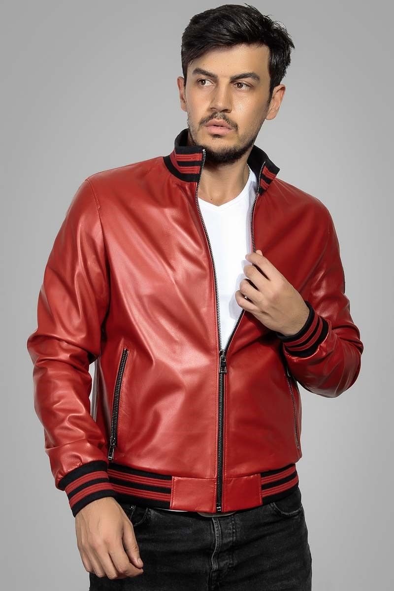 Mens Bomber Red Leather Jacket - The Genuine Leather