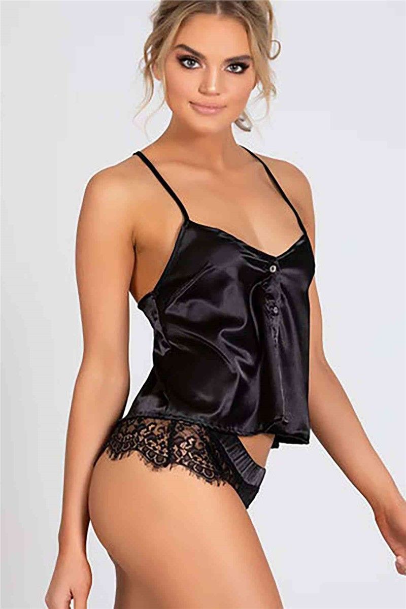 Erotic pajamas made of satin with lace - Black # 310286