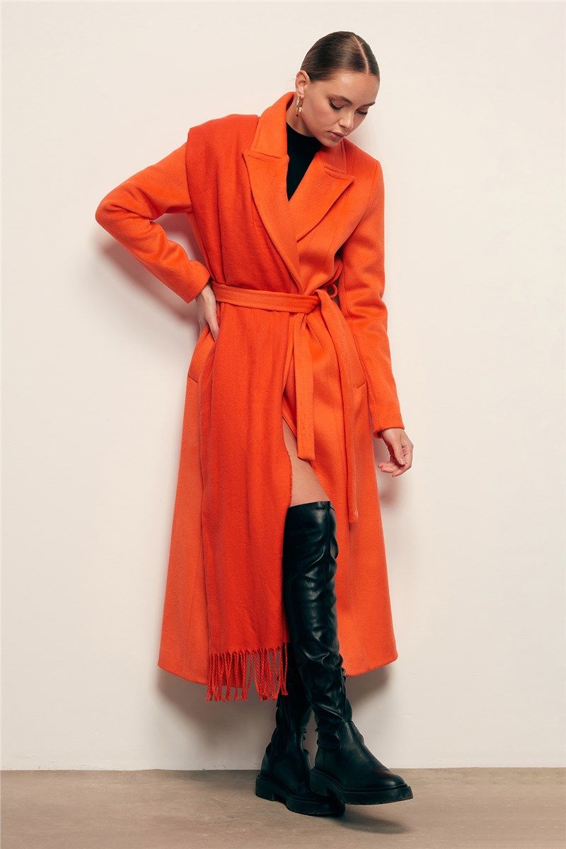 Cappotto lungo con cintura da donna - Arancione #407821