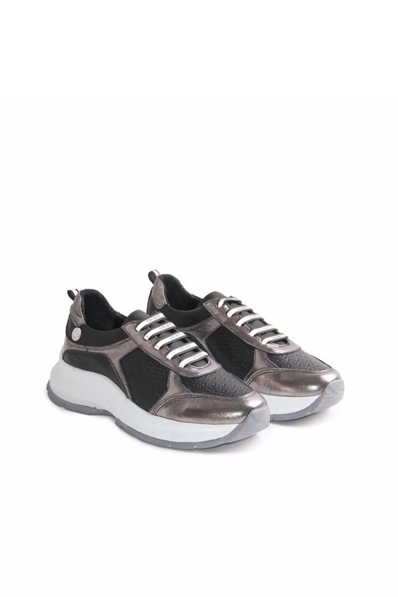 Women's Real Leather Trainers - Black, Silver #319217