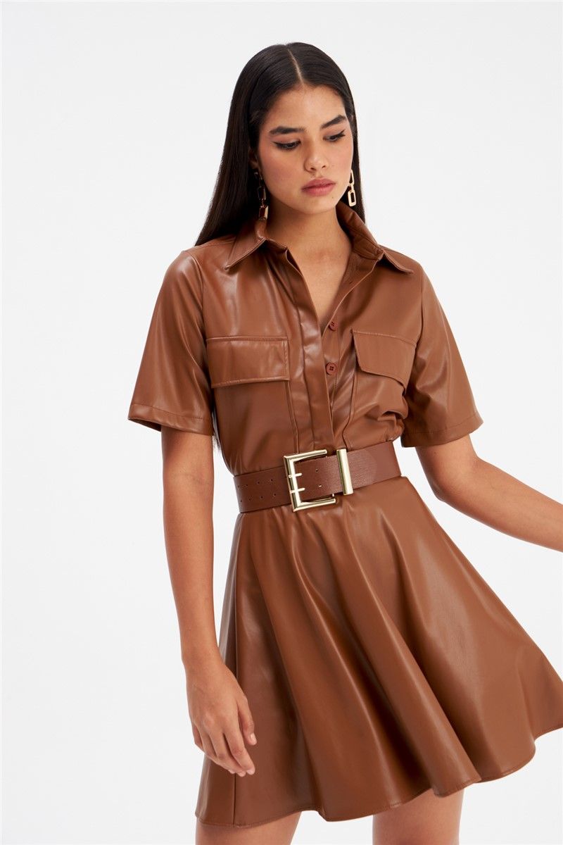 Women's Leather Shirt With Pockets - Brown #361267