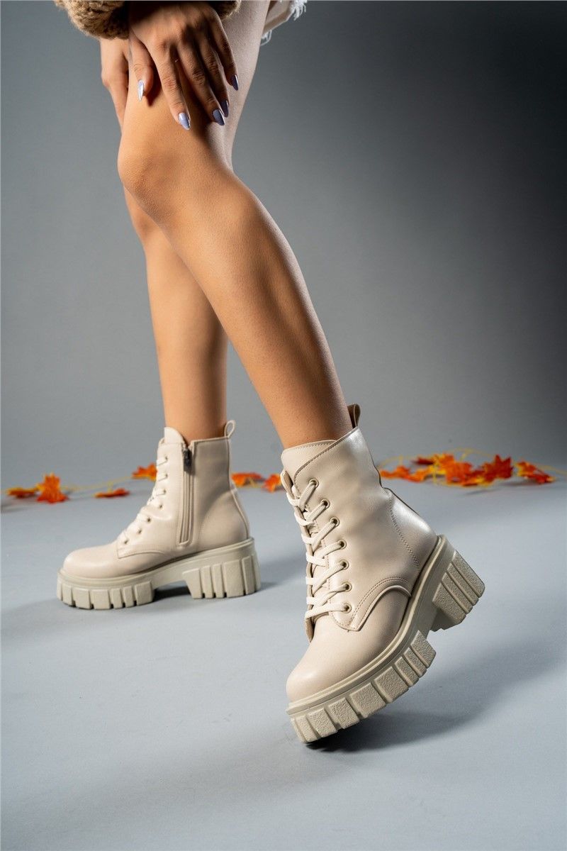 Women's Zip Up Lace Up Boots 0012805 - Beige #358545