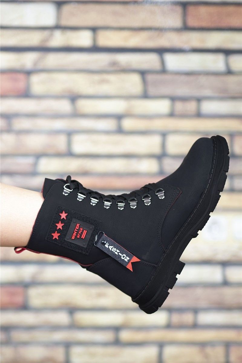 Kids Lace Up Boots 00127435 - Black with Red #365135