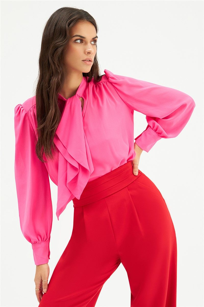 Women's blouse with a scarf on the collar - Bright pink #361181