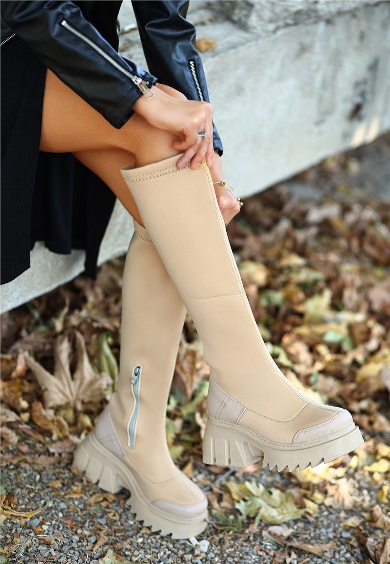 Women's Thick Sole Textile Boots - Beige #366766