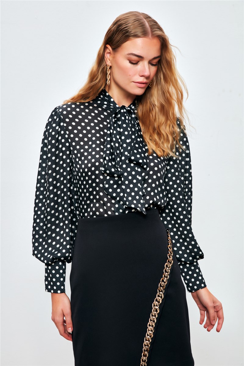Women's Polka Dot Pattern Shirt - Black-Ecru #411344